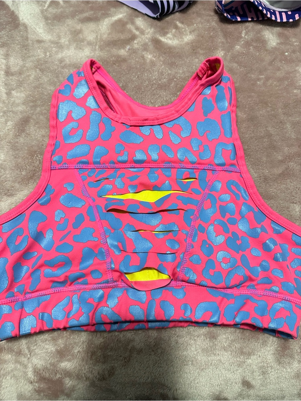 The Chestee Pink and Blue Leopard Sports Bra